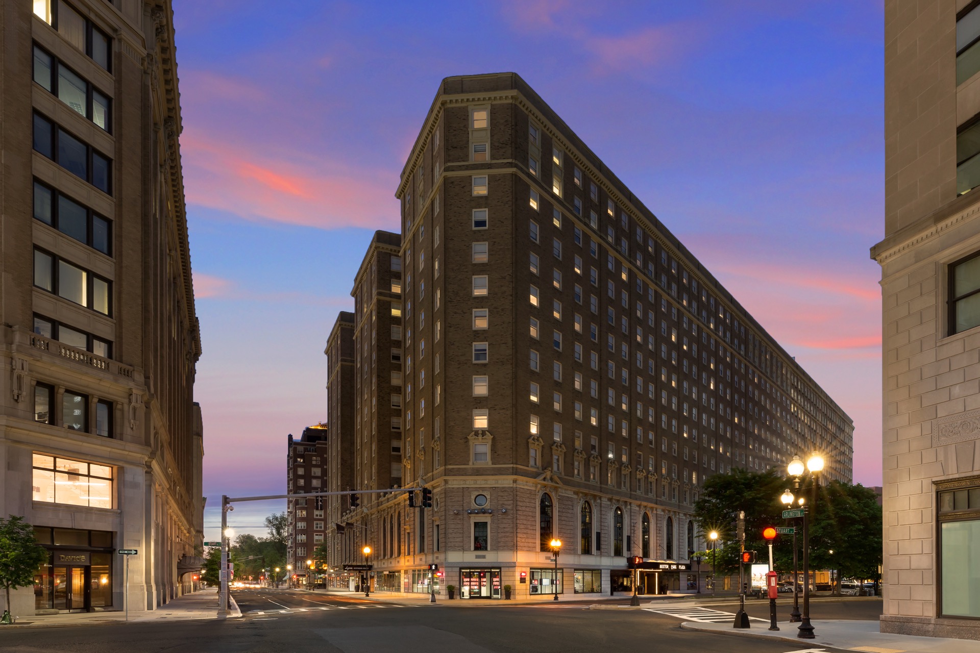 Boston Park Plaza, exterior view of the historic 1927 building with red awnings