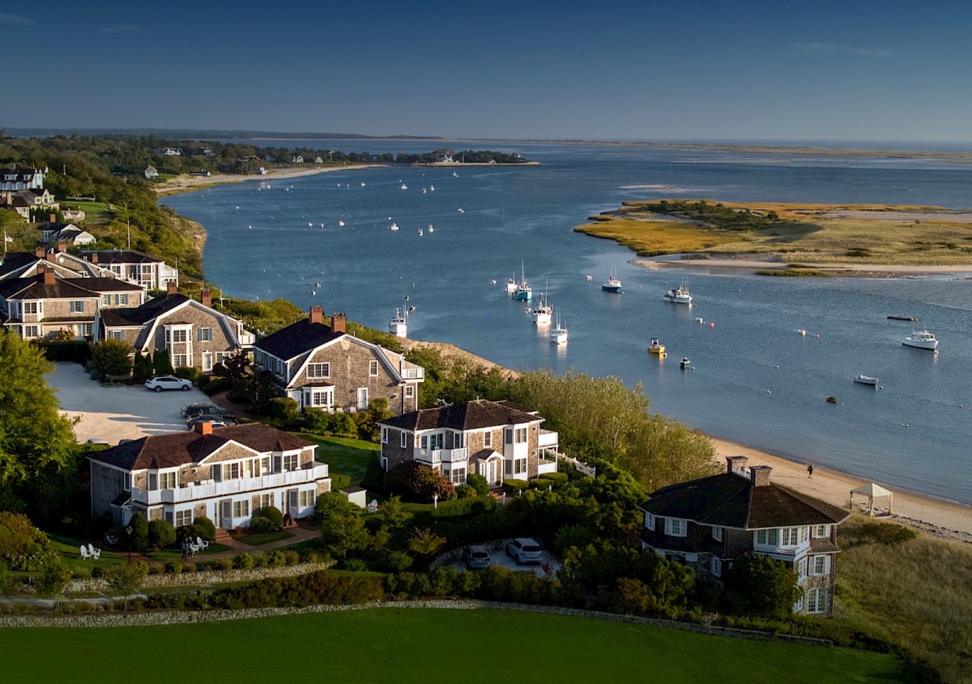 Waterfront exterior of Chatham Bars Inn on Cape Cod.